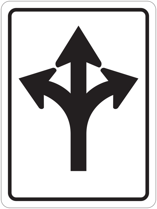 Road sign sticker with three-way arrows pointing up, left, and right