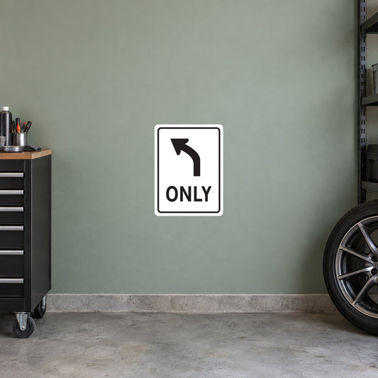 Square road sign sticker with curved arrow and the word ONLY