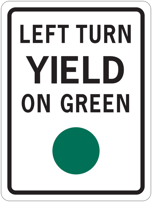 Road sign sticker with black border, text "LEFT TURN" "YIELD" and green circle
