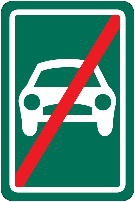 Road sign sticker with car icon and red prohibition slash on green background