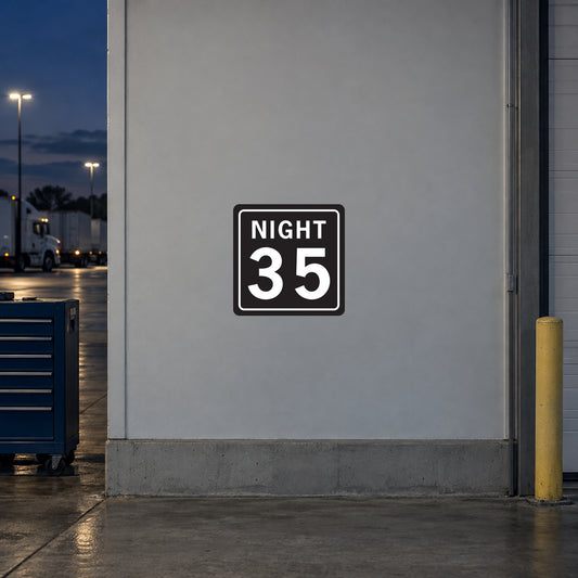 Road sign sticker with 'NIGHT 35' on black square