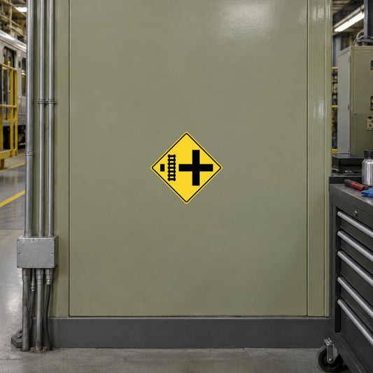 Yellow diamond road sign sticker with cross and vertical bar icon