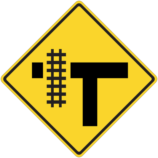 Yellow diamond road sign sticker with black T and dotted crossbar symbol