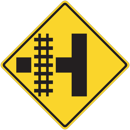 Yellow diamond road sign sticker with black railroad crossing symbol