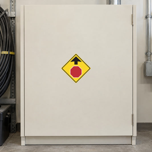 Road sign sticker with yellow diamond and red octagon arrow symbol