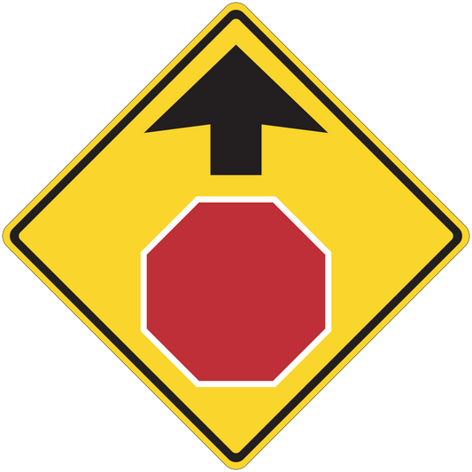 Road sign sticker with yellow diamond, up arrow, and red stop octagon center
