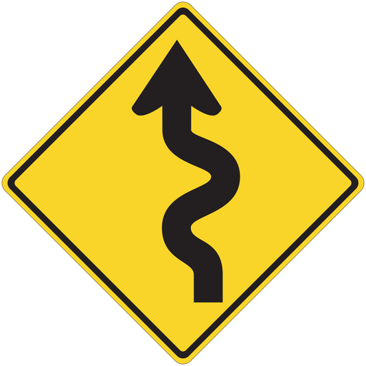 Yellow road sign sticker: black-bordered diamond with upward and curved arrow