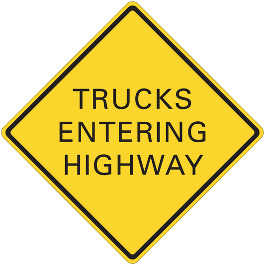 Yellow road sign sticker with black border reading “TRUCKS ENTERING HIGHWAY”