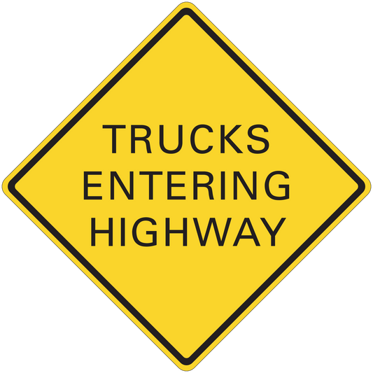 Road sign sticker: yellow diamond with black border, 'TRUCKS ENTERING HIGHWAY'.