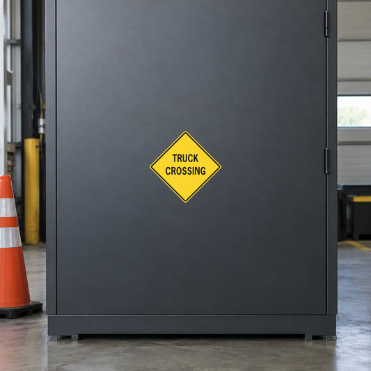 Road sign sticker with yellow diamond 'TRUCK CROSSING' text