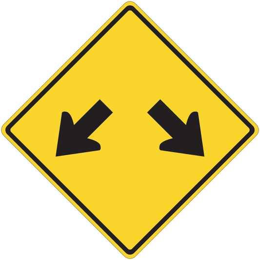 Road sign sticker: yellow diamond with black arrows pointing down left and right