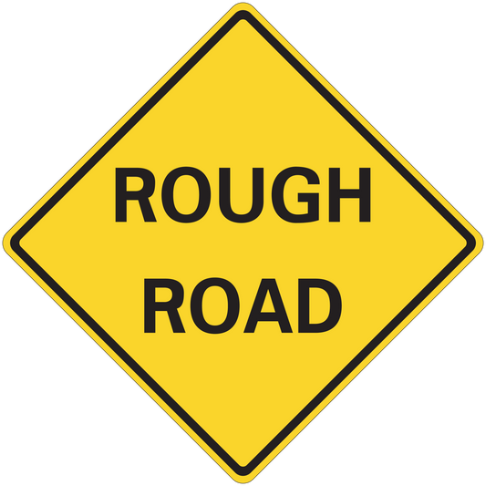 Yellow diamond road sign sticker with black border reading “ROUGH ROAD”