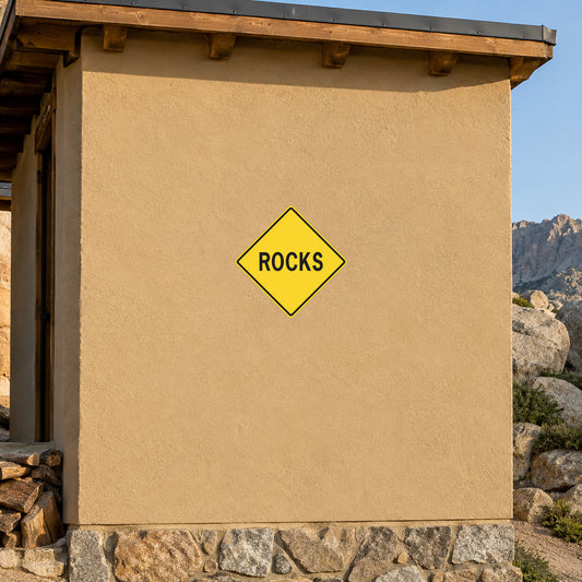 Road sign sticker: yellow diamond warning with 'ROCKS' text