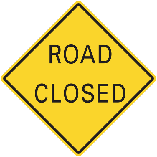 Road sign sticker, yellow diamond with black border reading ROAD CLOSED