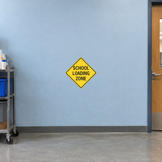 Yellow diamond road sign sticker: 'SCHOOL LOADING ZONE'