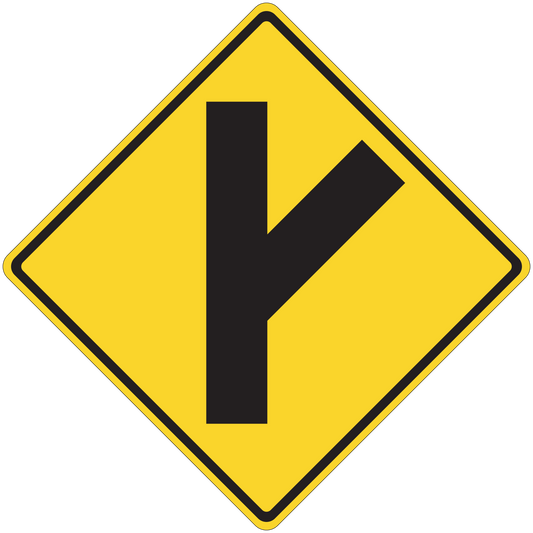 Yellow road sign sticker with black diamond and arrow pointing down