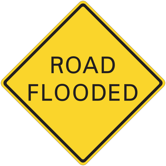 Yellow road flooded diamond sign sticker with black border and ROAD FLOODED text
