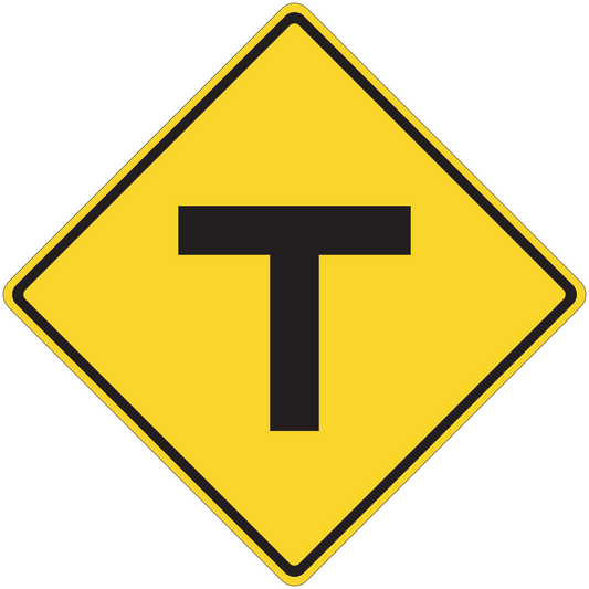 Road sign sticker: yellow diamond with black border and T symbol