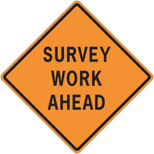 Orange road sign sticker with black border and "SURVEY WORK AHEAD" text
