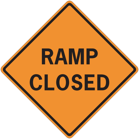 Road sign sticker: orange diamond with black border and 'RAMP CLOSED' text