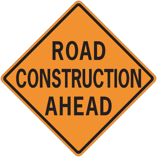 Orange road construction ahead warning sign sticker, diamond shape with black border and text.