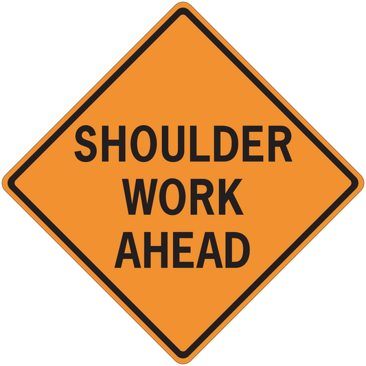 Orange road sign sticker, black border, text 'SHOULDER WORK AHEAD'