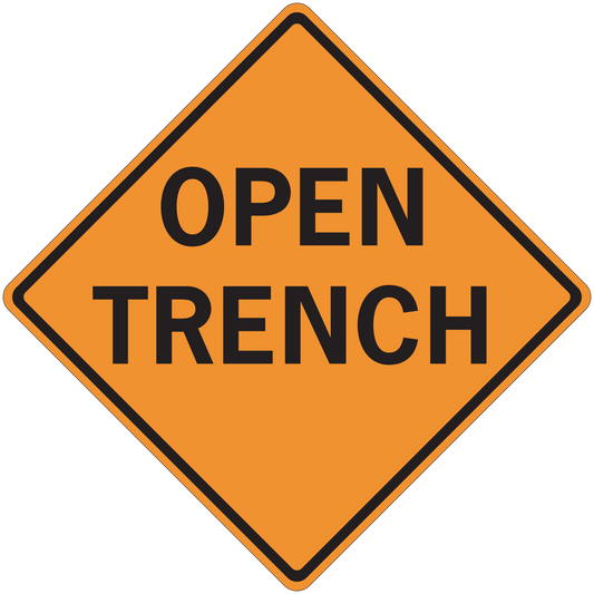Road sign sticker with orange diamond and black border reading "OPEN TRENCH"