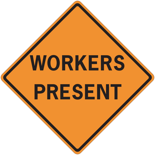 Road sign sticker: orange diamond with black border and 'WORKERS PRESENT' text