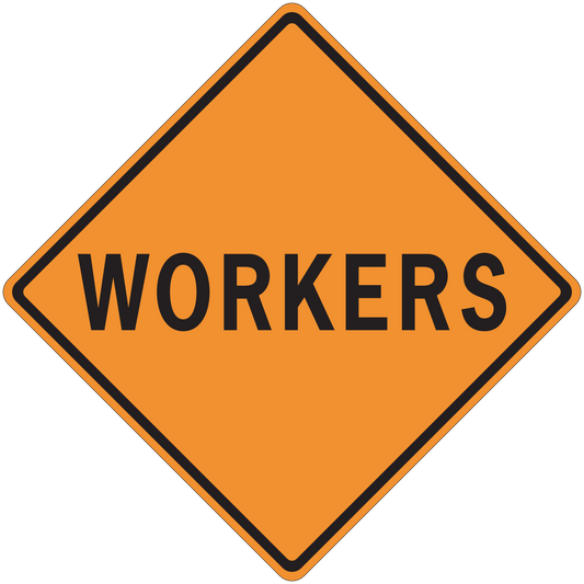 Orange road workers warning sign sticker with black diamond border and WORKERS text