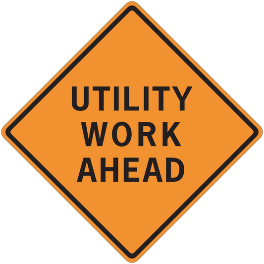 Orange road sign sticker with black border and text "UTILITY WORK AHEAD"