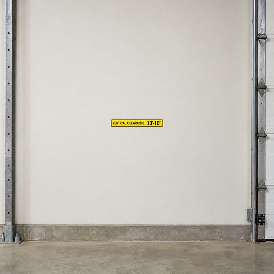 Road sign sticker with yellow “VERTICAL CLEARANCE 13-10” label