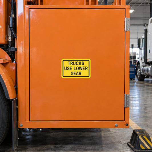 Road sign style sticker: TRUCKS USE LOWER GEAR, yellow lettering on black border