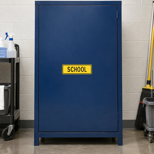 Road sign sticker with SCHOOL text, yellow border and blue background