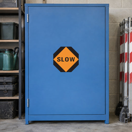 Octagon road sign sticker reading 'SLOW' with orange, black, and gray colors