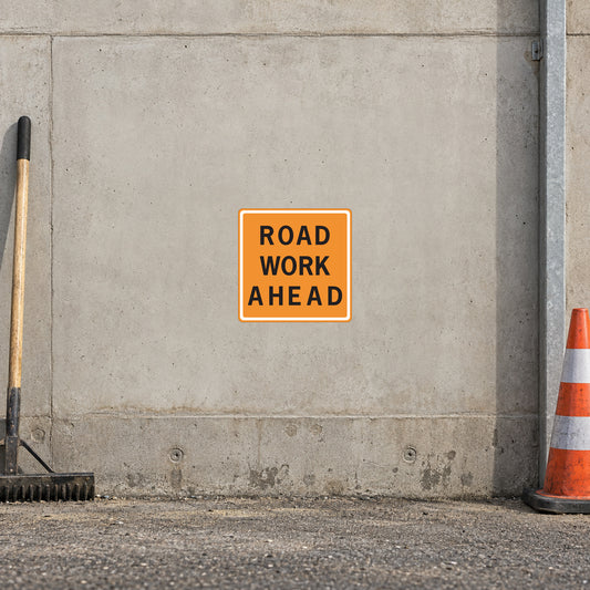 Road work ahead sign sticker with orange border and black text