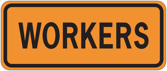 Orange road sign sticker with black border and 'WORKERS' text