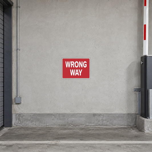 Wrong Way road sign sticker with red border and white text on a red background