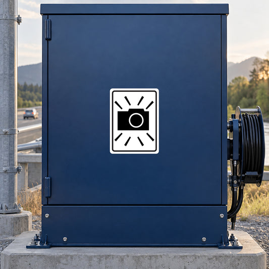 Road sign sticker with white camera icon on dark blue background