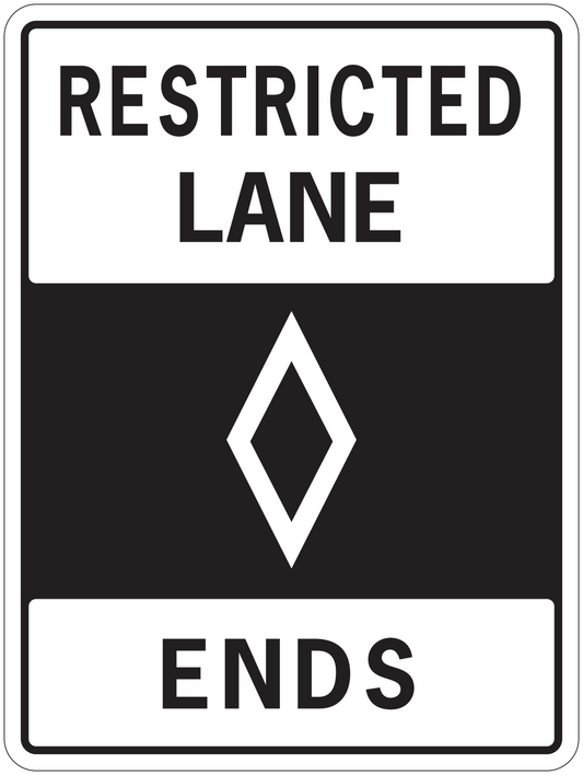 Road sign sticker: RESTRICTED LANE and ENDS with diamond arrow