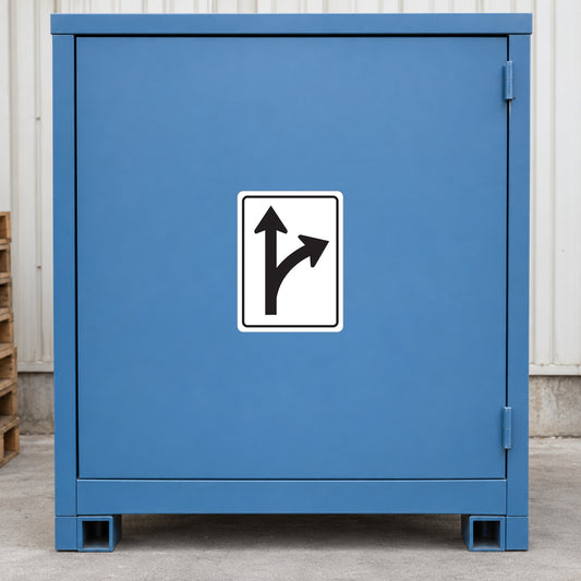 Square arrow road sign sticker with up and right black arrows on white background