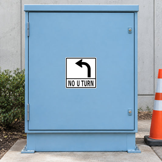 No U Turn road sign sticker with black curved arrow and text