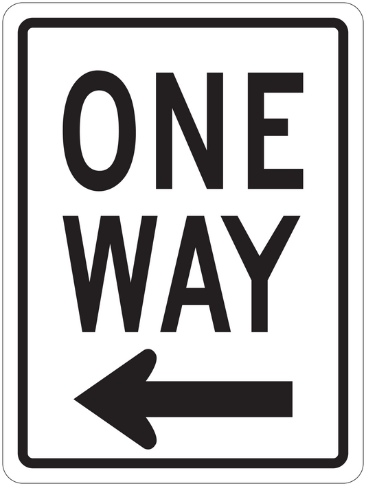 Road sign sticker with ONE WAY text and left arrow on white sign