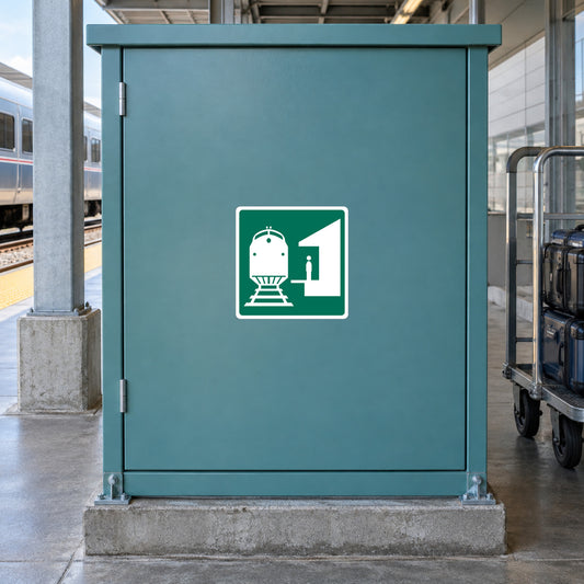 Road sign sticker with white lamp and arrow icon on green panel
