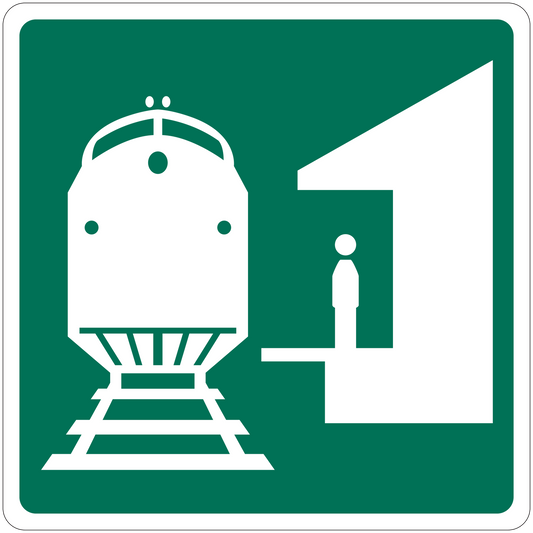 Road sign sticker with train and platform icon