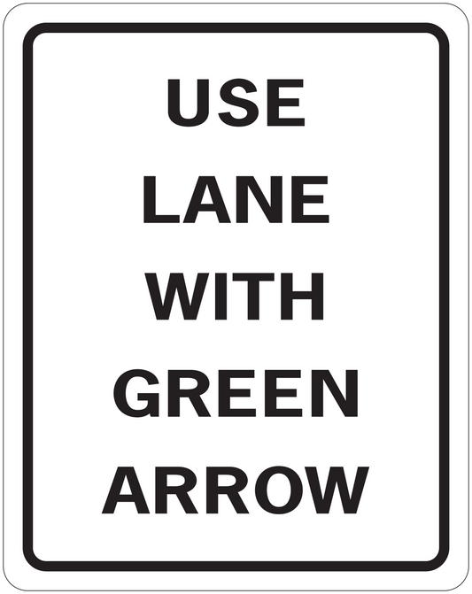 Square road sign sticker with black border and 'USE LANE WITH GREEN ARROW' text