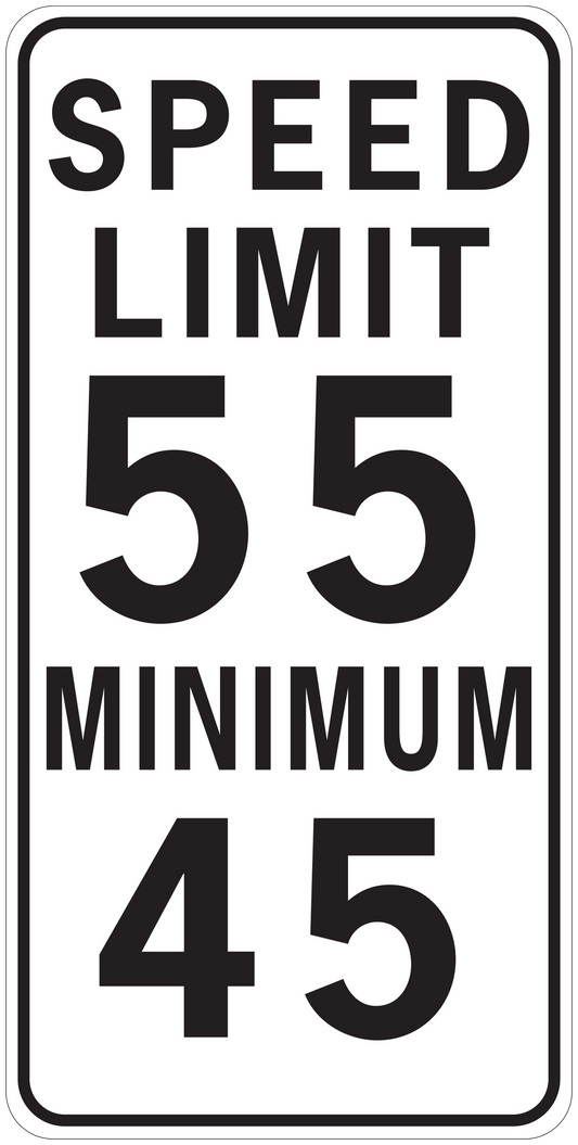 Speed limit road sign sticker, white with black text: SPEED LIMIT 55, MINIMUM 45