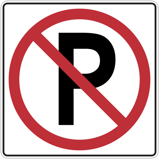 Road sign sticker with red no-entry symbol and black R in a white square
