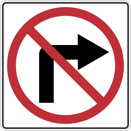 Square road sign sticker with red circle slash over right arrow