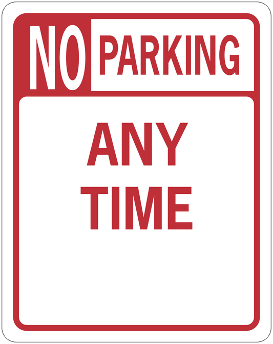 Road sign sticker with red border reading "NO PARKING ANY TIME"