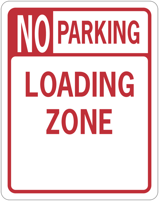 Road sign sticker with red border and text "NO PARKING LOADING ZONE"